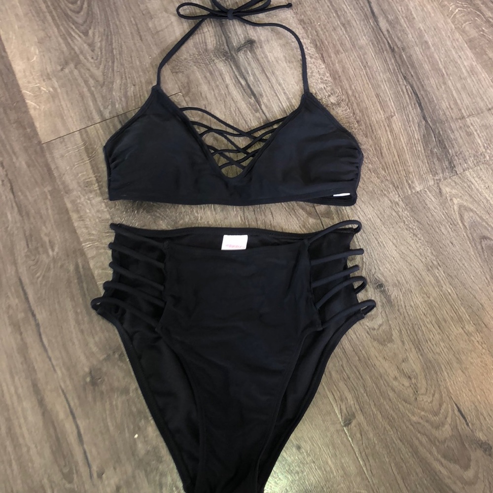 Black straps high waisted bikini